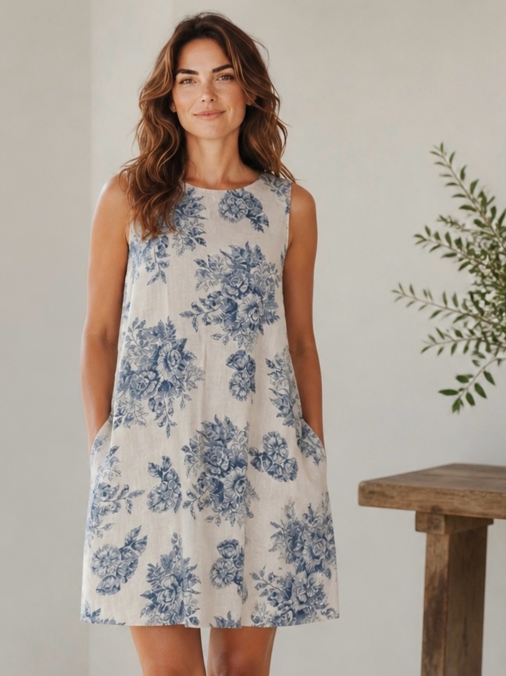 Rachel Zoe 100% Linen Blue White Floral Shift Knee Length Dress Pockets Small